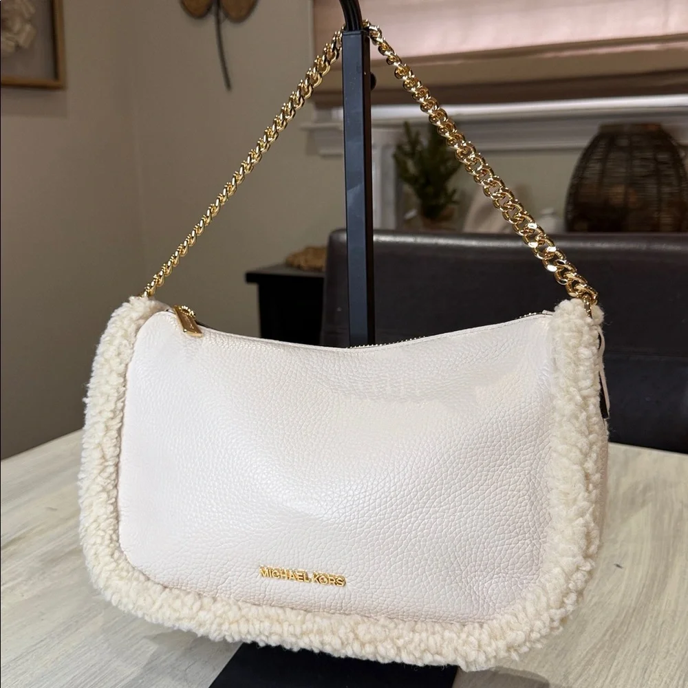 Michael Kors Carmela White Leather with Fur Trim Gold Accent Shoulder/Crossbody